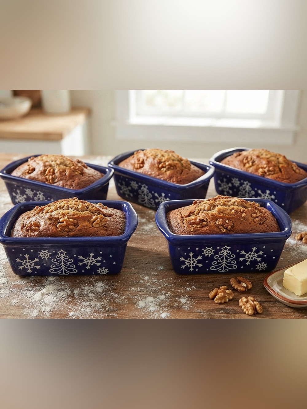 Blue Ceramic Loaf Pans with Snowflake Design. Set of 5  bakeware 6” x 3 1/2”